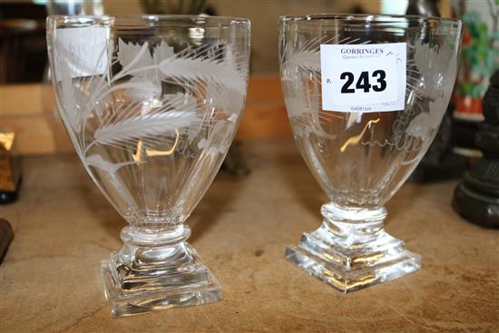Pair square based vine engraved rummers(-)